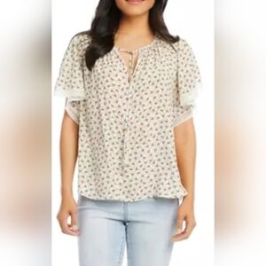 NWOT karen Kane Women's Flutter Sleeve Top beige floral